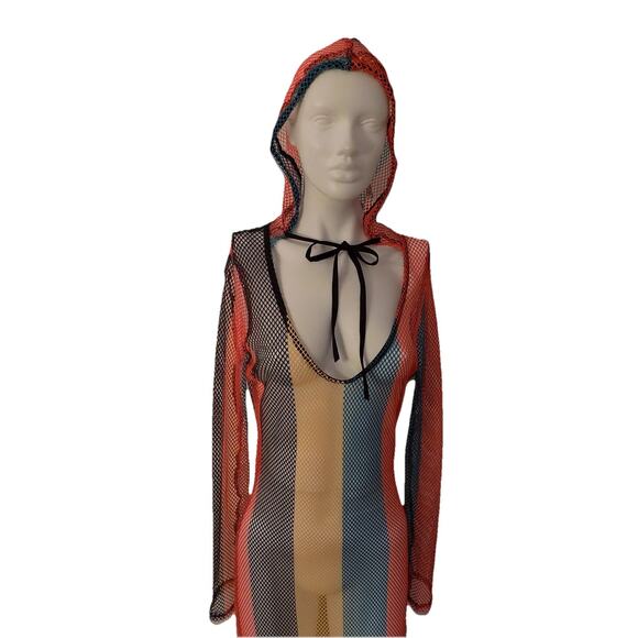 Multicolor maxi fishnet swim coverup long sleeve hooded size XXL - Picture 2 of 9